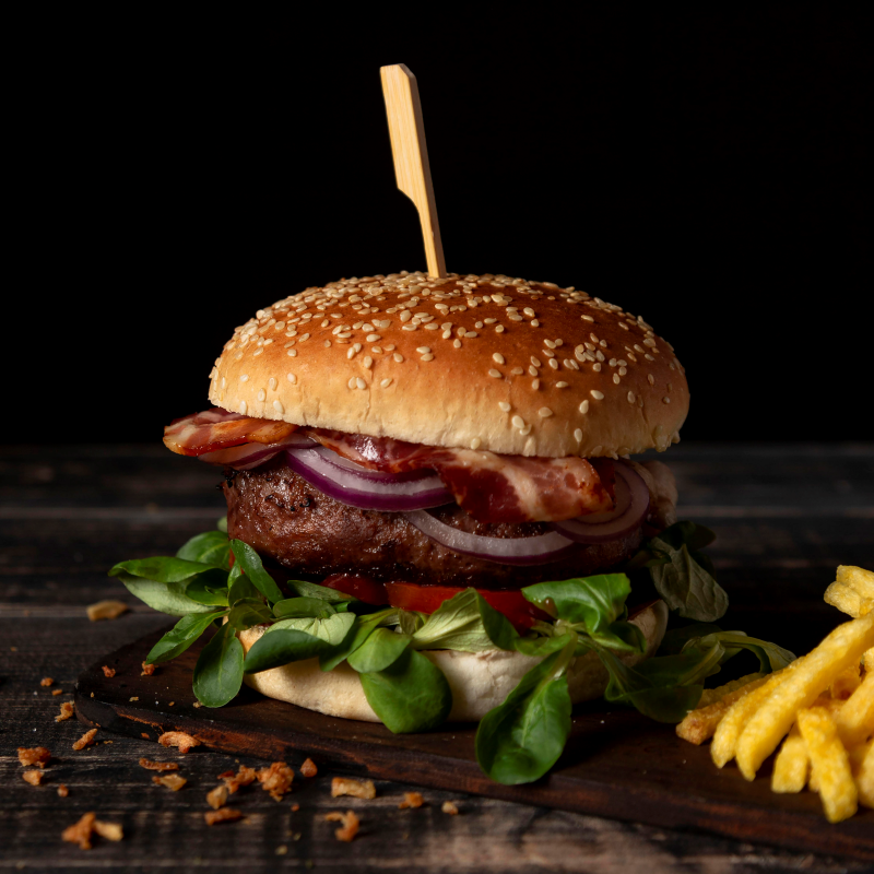 high angle burger with fries table2