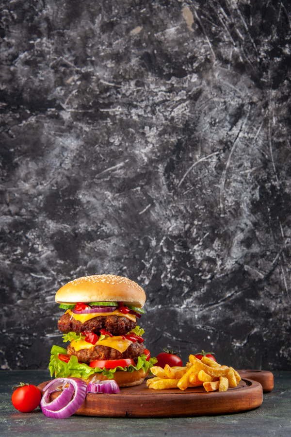 tasty homemade sandwich tomatoes pepper wooden cutting board onions tomato with stem dark color surface2