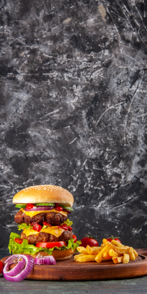 tasty homemade sandwich tomatoes pepper wooden cutting board onions tomato with stem dark color surface2